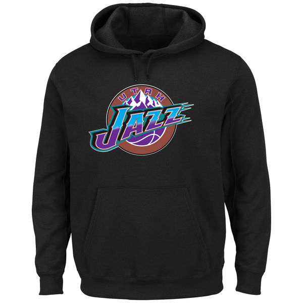  Men Utah Jazz Majestic Hardwood Classics Tech Patch Pullover Hoodie Black